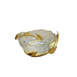 <strong>Creative</strong> Flower Home Gift Arabic Style Golden Plated Small Size Glass <strong>Plate</strong> with Handle Golden Metal Frame Glass <strong>Serving</strong> Bowl - Product Image 1
