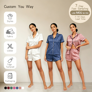 Conjunto de Pijama de <span class=keywords><strong>Mujer</strong></span> de Lujo con <span class=keywords><strong>Cárdigan</strong></span> de Manga Corta y Pantalones Cortos de Satén para Verano - Product Image 1