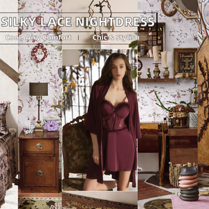 Women's Romantic Backless Silky Satin Nightdress Robe Set XK5416 with Sweet Lace Deep V Breathable Elastic Waist Knee Length - Product Image 2