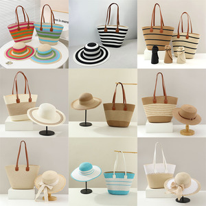 Set 2 Pezzi da <span class=keywords><strong>Donna</strong></span>: <span class=keywords><strong>Borsa</strong></span> Tote in Paglia Intrecciata e Cappello di Paglia con Protezione Solare, <span class=keywords><strong>Borsa</strong></span> a Spalla a Righe Grande Capacità per la Spiaggia - Product Image 2