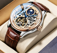 Montre mécanique automatique pour homme, cadran squelette ajouré, affichage des phases lunaires, bracelet en cuir véritable marron, montre-bracelet de style professionnel