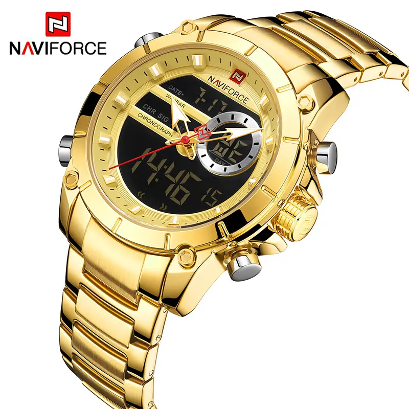 NAVIFORCE Top Brand Luxury Golden Stainless Steel Strap Quartz Wristwatch Dual Display LED Sport Watch Fashion Rose Gold Watch