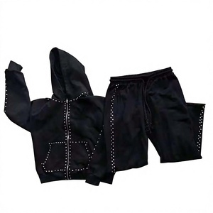 Ensemble de survêtement marron à capuche pour homme, avec détails entièrement ornés de strass, couleur unie, décontracté, avec cordon de serrage, sweat-shirt et pantalon, hiver - Product Image 3