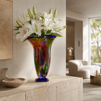 Vase en verre artistique multicolore, vase trompette, bord bleu cobalt, vase floral haut, décoration d'intérieur, centre de table pour salon, mariage