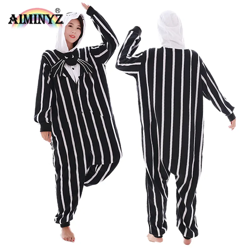 AIMINYZ Vente en gros Hiver Polaire Onesie Noir et Blanc Rayures Mignon Dessin Animé Femmes Pyjamas Squelette Homewear Hoodie Pyjamas