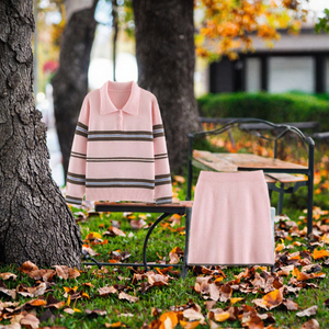 Pink Striped Knit Sweater <b>Set</b> Women Pullover <b>Jacket</b> <b>and</b> Mini <b>Skirt</b> Two Piece Autumn Outfit Casual - Product Image 3