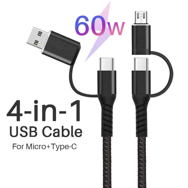 Kabel USB 4 in 1 pengisian daya cepat, Kabel USB C ke USB C ke Tipe C, Kabel pengisian daya Multi