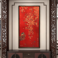 Nouvelle Peinture Décorative Florale Rouge Chinoise pour Salon et Bureau, Suspension Haut de Gamme Faite à la Main, Sculpture Atmosphérique en Laiton Ciselé, Mobile