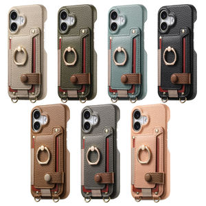 Étui de téléphone en cuir avec anneau métallique, bandoulière longue, porte-cartes et portefeuille, coque arrière de protection pour <span class=keywords><strong>iPhone</strong></span> 17 16 15 14 13 12 Pro Max - Product Image 3