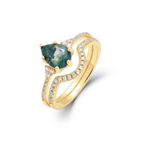 Ensemble de bagues de mariage en agate mousse, argent sterling 925 plaqué or 10 carats, deux pièces, pierres précieuses vertes, bagues empilables pour femmes