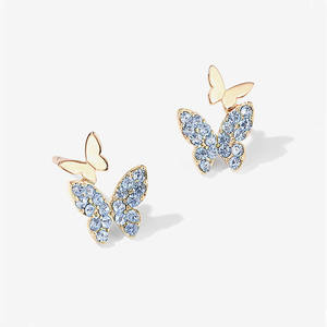 Gold Plated <b>Butterfly</b> Stud Earrings With Pink Crystal Rhinestones For Women Cute Everyday Wear Jewelry Zinc Alloy Bezel Setting - Product Image 3