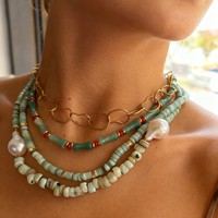 Collier artisanal en acier inoxydable avec perles, pierres naturelles et résine, bijoux minimalistes tendance pour femmes