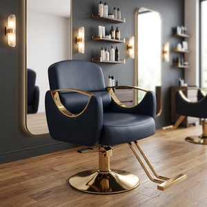 Sillón de Barbería Hidráulico Reclinable en Metal Dorado, Mueble de Estilismo Gris para Barbería, Salón de Belleza y Estudio de Estética - Product Image 2