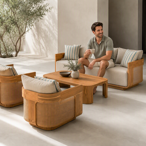 Ensemble de canapés d'extérieur en teck de luxe, chaises longues en rotin tressé, table basse rectangulaire, hôtel, resort, villa - Product Image 6