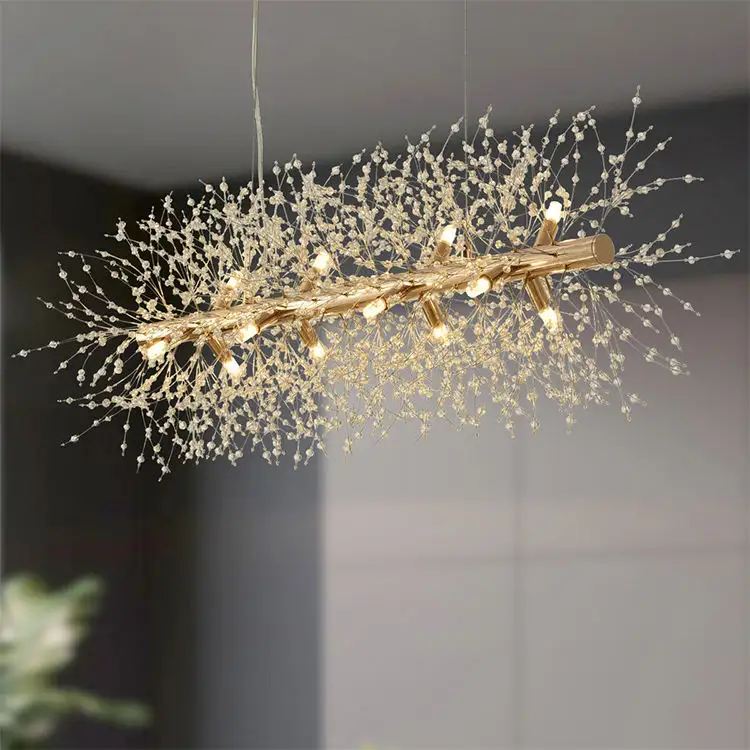 Modern Style Light Fixtures Art Deco Living Room Gold Linear Ceiling Luxury Lustre Crystal Chandelier Pendant Light