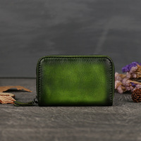 Porte-cartes de visite rétro en cuir véritable avec fermeture éclair, mini portefeuille multi-fentes en cuir de vachette pleine fleur, surface souple