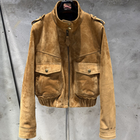 Blouson bomber rétro en daim et peau de mouton pour femme, coupe courte, ourlet côtelé, fermeture éclair unie