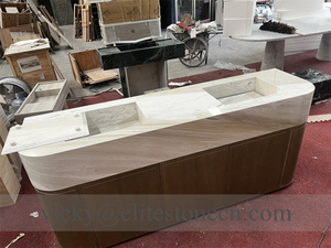 Meuble-lavabo haut de gamme en marbre blanc poli, lavabo double incurvé avec armoire en <span class=keywords><strong>bois</strong></span> massif pour salle de bain et spa - Product Image 4