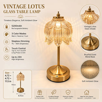 Lampe de table rechargeable vintage en verre Lotus, 3 couleurs, à intensité variable par toucher, sans fil, en cristal blanc, pour hôtel et restaurant