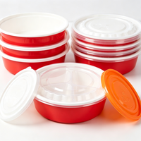 Bol jetable en plastique bicolore rouge et blanc de calibre 150, récipient alimentaire à emporter avec différents couvercles pour la livraison de repas