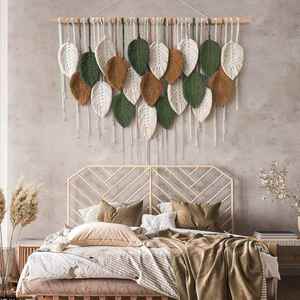 Decoración de Pared Estilo Boho Chic Personalizada, Tapiz de Arte Hecho a Mano con Hojas Tejidas de Algodón y Borlas para Dormitorio o Sala de Estar - Product Image 2