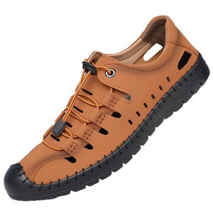 Sandales plates pour hommes en cuir véritable, à bout ouvert, à lacets, chaussures décontractées d'été respirantes, semelle extérieure en caoutchouc, couleur unie, chaussures de papa - Product Image 5