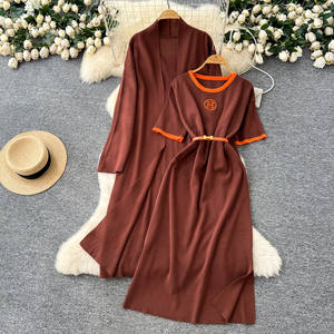 Kadin moda örgü seti Colorblock nakış T Shirt elbise uzun bel kravat ceket bayanlar ucuz <span class=keywords><strong>2</strong></span> adet Set - Product Image 2