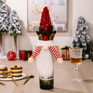 Cubierta de botella de vino de asta de <span class=keywords><strong>Reno</strong></span> de lentejuelas con barba de Papá Noel y sombrero de Navidad para decoración de fiesta de vacaciones Idea de regalo festivo - Product Image 4