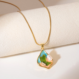 高品质新款油画珐琅不锈钢18k镀金吊坠时尚饰品项链女批发 - Product Image 6