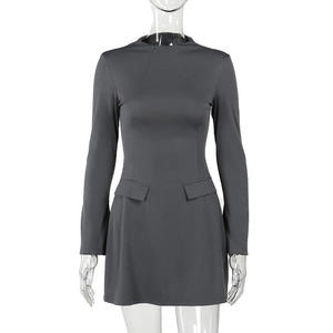 Commercio all'ingrosso della fabbrica grigio signore manica lunga Mini abito per le donne Slim Fit ufficio signora carriera abito grigio scuro - Product Image 3