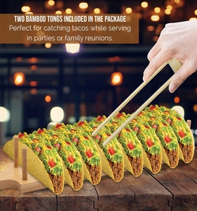 Plateau de support de plaque de support de taco en bambou avec 2 pinces, support peut contenir 8 tacos à coque souple ou dure - Product Image 3