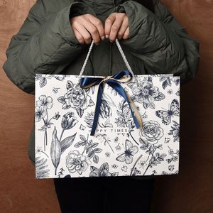 In Stock Light Luxury Brown <b>Paper</b> Retro Flowers Gift Bag with Floral Print Ribbon Rope Handle for Holiday Clothing Tote Craft - Product Image 4