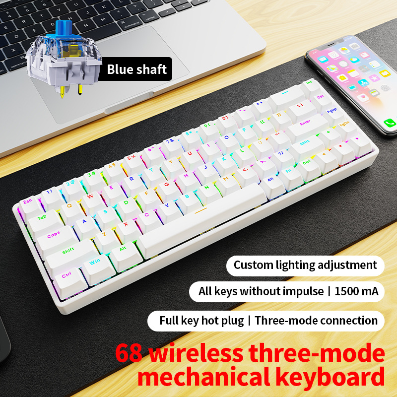 AK68 Clavier sans fil Tri-mode Blanc, Switch Bleu