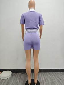 Viviblook Z318ST04 Fashion Leisure Summer Collar Contrast Knitted Set <b>Crop</b> <b>Top</b> and Shorts 2 Pieces Set - Product Image 6