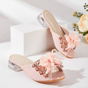 Chaussures <span class=keywords><strong>à</strong></span> talons hauts pour filles, nouvelle collection printemps 2026, plateforme haute, dentelle florale, fleurs en cristal, pantoufles décontractées pour enfants - Product Image 1