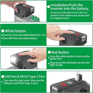Convertisseur de puissance pour batterie <span class=keywords><strong>Ryobi</strong></span> 40V 200W DC 18V vers AC 110V 220V Convertisseur d'alimentation avec port USB Type C PD3.0 Lumière LED - Product Image 4