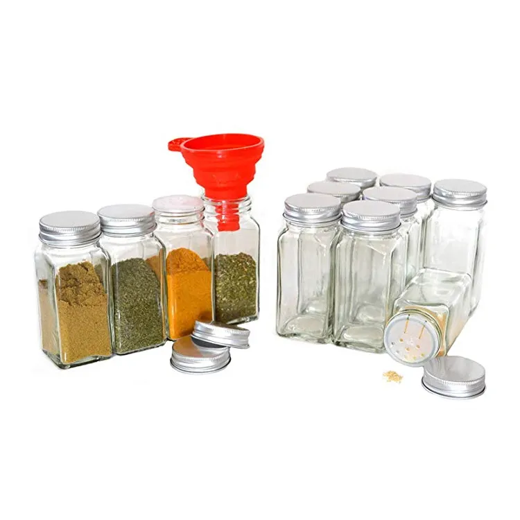 Bán Buôn 4Oz Rõ Ràng Vuông Glass Spice Jar Cho Muối Tiêu Có Chứa Với Nắp Nhôm