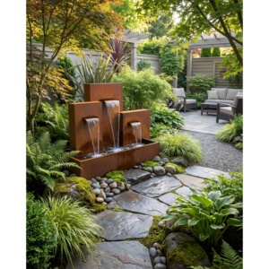 Fontaine de jardin extérieure en acier corten à trois niveaux en cascade, hauteur 150 cm, patine rouille - Product Image 1