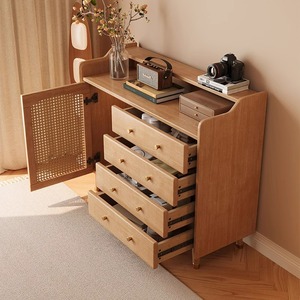 Nordic Retro Solid Wood Sideboard With Rattan Door Four <b>Drawer</b> Storage Cabinet For Bedroom Living Room - Product Image 1