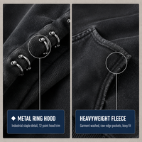 Sweat à capuche pour homme personnalisé en coton 100% noir délavé, 450 g/m², en molleton bouclette, style rétro vieilli, délavé à l'acide, zippé, uni, coupe oversize, décontracté