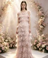 Tissu en dentelle 100% polyester 3D, à sequins, à volants, en tulle superposé, brodé de perles, maille moelleuse, pour robe de mariée à étages