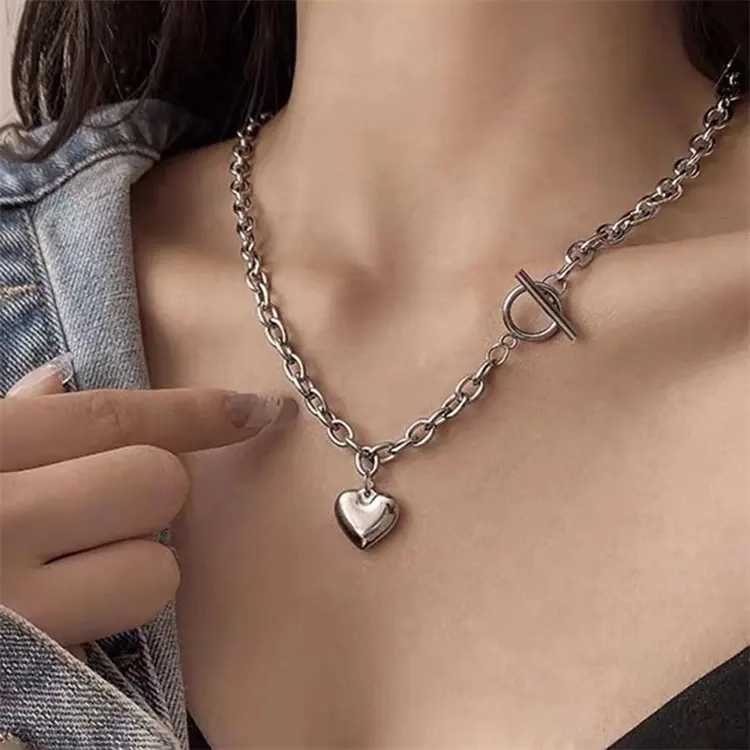 custom logo silver woman jewelry OT buckle necklace personalised fashion stainless steel heart shape locket pendant necklace