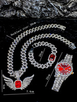 Vente chaude usine : Ensemble de bijoux pour homme 3 pièces en alliage or et argent, comprenant un collier pendentif ailes Hip Hop, un bracelet chaîne cubaine et une montre Iced Out