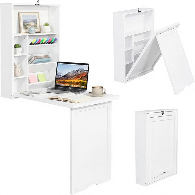 Wood Folding Wall-Mounted Convertible Floating Computer Desk Storage Shelves Space-Saving Drop Leaf Design for Small Spaces Home