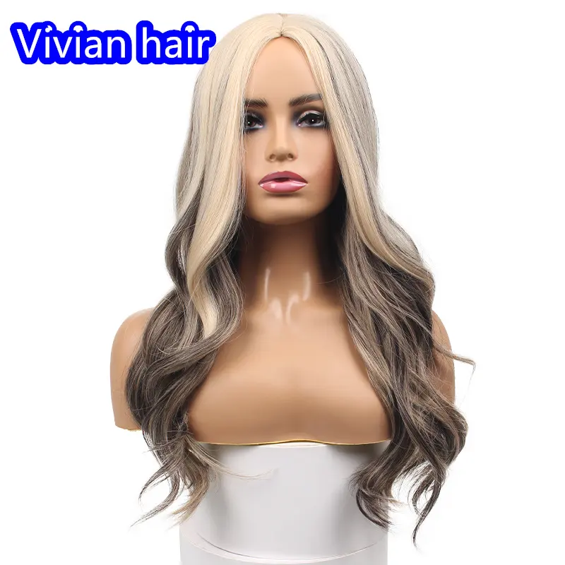 Middle Parted Hair Wig 24 Inch rown Gradation White Gold Curly Wavy Hair Wigs For Women girls Synthetic None Lace Wigs Daily