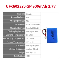 Paket Baterai Lithium Ion UFX 602530-2P 900mAh 3.7V LiNiMnCoO2 300 Siklus Langsung Dari Produsen Konektor PCM Mendukung ODM/OEM