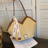Sac fourre-tout en paille Summer Heart V, grande capacité, sac à bandoulière pour vacances à la plage, sac à main tissé pour femme avec ruban décoratif