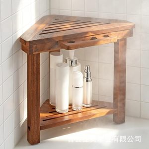 Wooden <b>Corner</b> <b>Shower</b> Stool With Storage <b>Rack</b> For Bathroom Furniture - Product Image 1