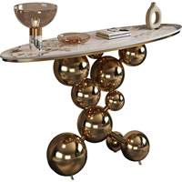 Meuble de design moderne pour la maison, table console avec cadre doré et plateau en marbre, table de forme elliptique, table décorative pour salon