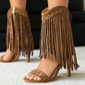 Women Tassels Summer Short Booties Rivets Single Band Side Zipper Ankle <b>Boots</b> Thin High Heels Sandals Big Size 48 Suede Shoes - Product Image 1